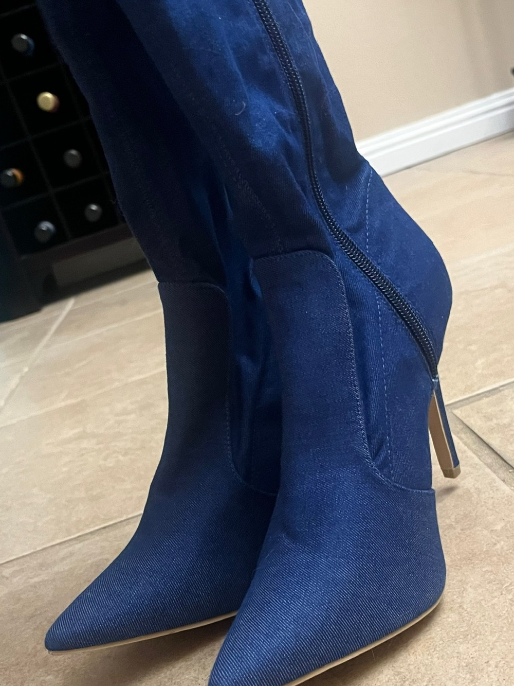Cape Robin Blue Stretch Denim Jean Thigh High Pointy Toe Stiletto Heel Boots 6.5 - Picture 4 of 13